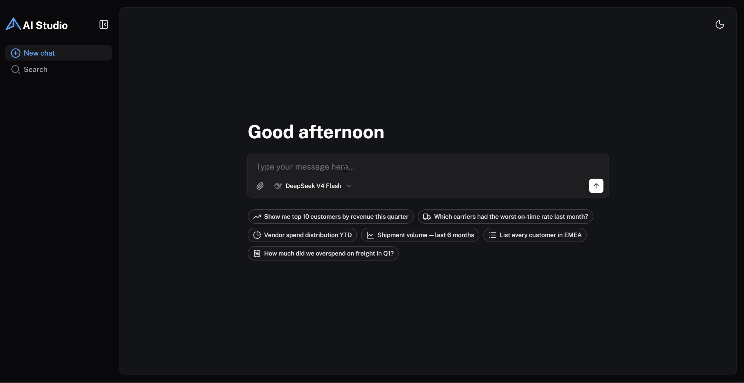 Miridia AI Studio turning a plain-language question into a live sales-data chart